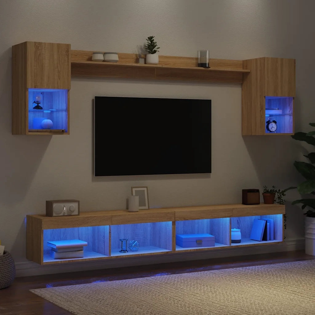 vidaXL Mobili TV a Muro con LED 6pz Rovere Sonoma Legno Multistrato