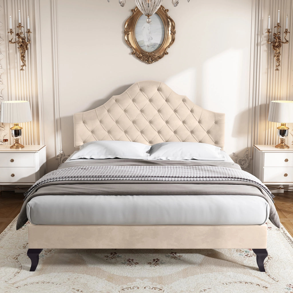 Letto imbottito 140x190 cm con rete a doghe e testiera regolabile in altezza; velluto off white