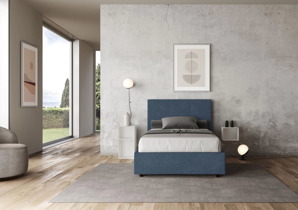 BS COM Letto una piazza e mezza contenitore imbottito 120x210 microfibra blu