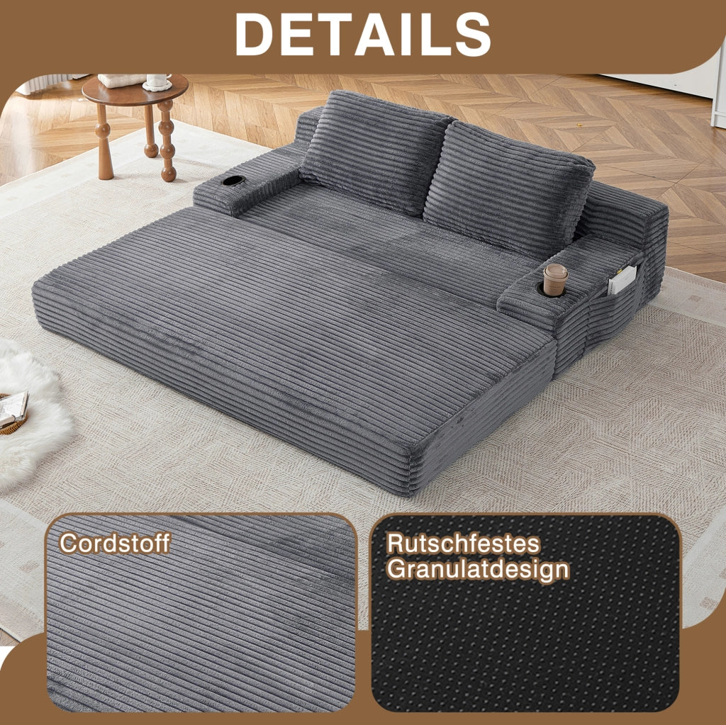 Divano Letto 2-in-1 in Velluto a Coste con Portabicchieri e Tasche Laterali