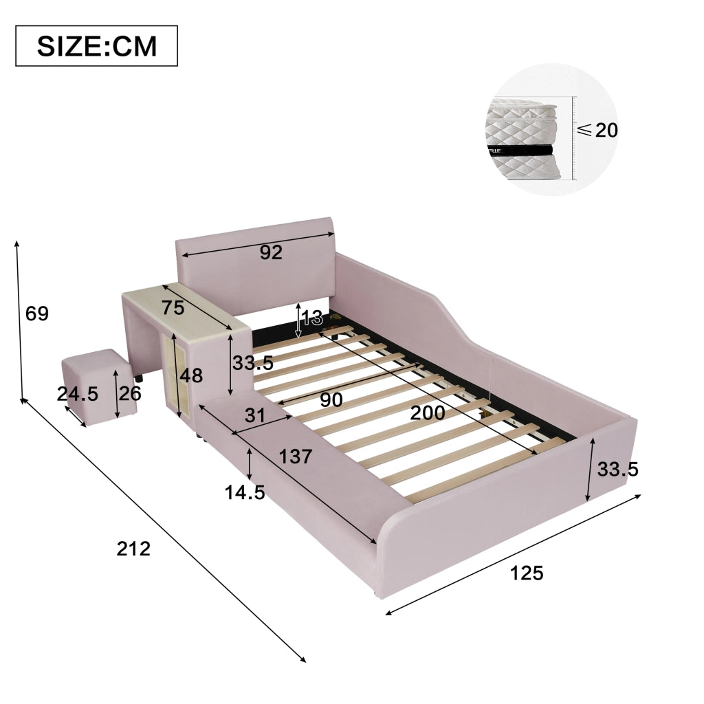 Letto per bambini 90 × 200 cm con scrivania, sgabello et ripiano, senza materasso, in velluto, rosa