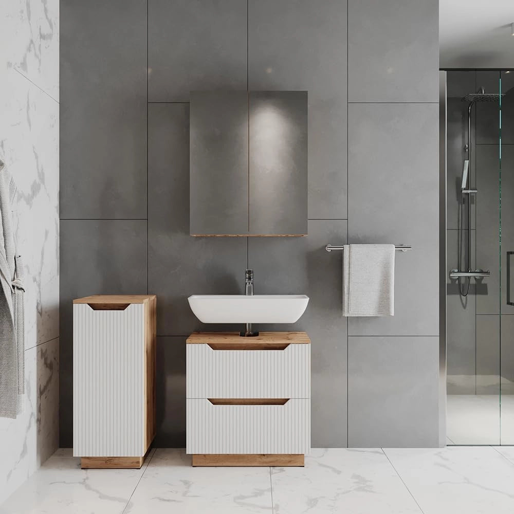 Set di mobili da bagno Lotta, Bianco, 58.9 cm, composto da mobile sottolavabo, specchiera e mobile medio