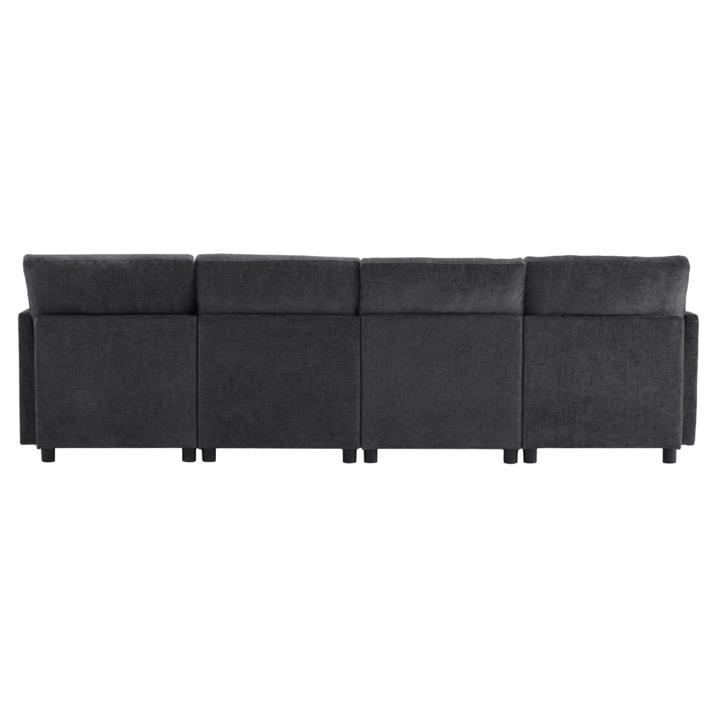 Divano modulare in ciniglia grigio con 2 pouf e 6 cuscini; 278 × 161 × 81 cm