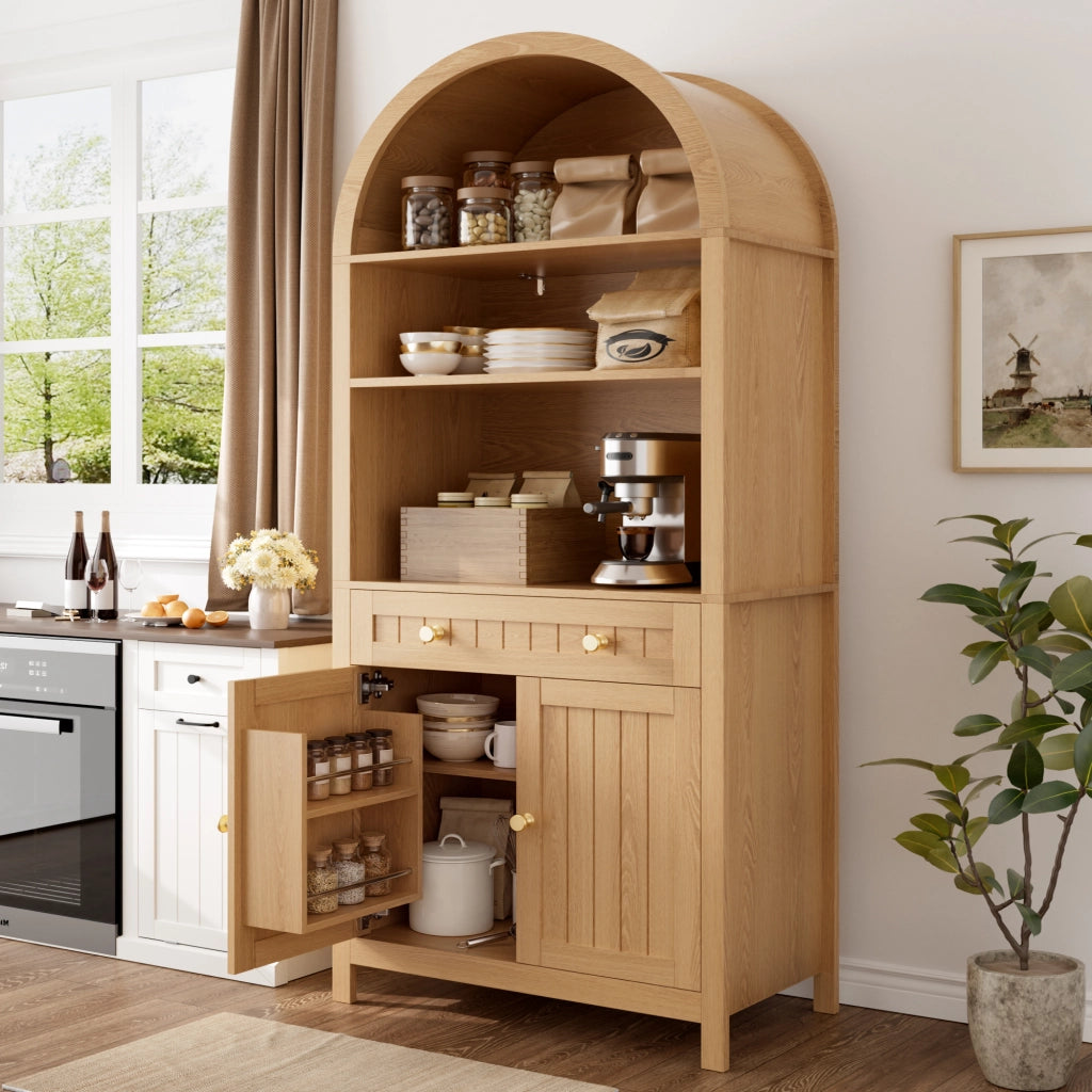 Credenza alta con 2 ante, cassetto e ripiani aperti, portaspezie interni, per cucina e soggiorno, in MDF, naturale