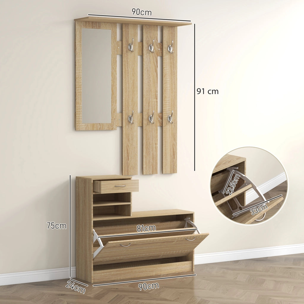 Mobile Appendiabiti 3 in 1 con Scarpiera e Specchio, Ganci e Cassetti, in Legno, 90x10x91 cm, color Quercia