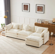 Divano a 3 posti con chaise longue a L e pouf mobile; in ciniglia beige; 283x147x84 cm