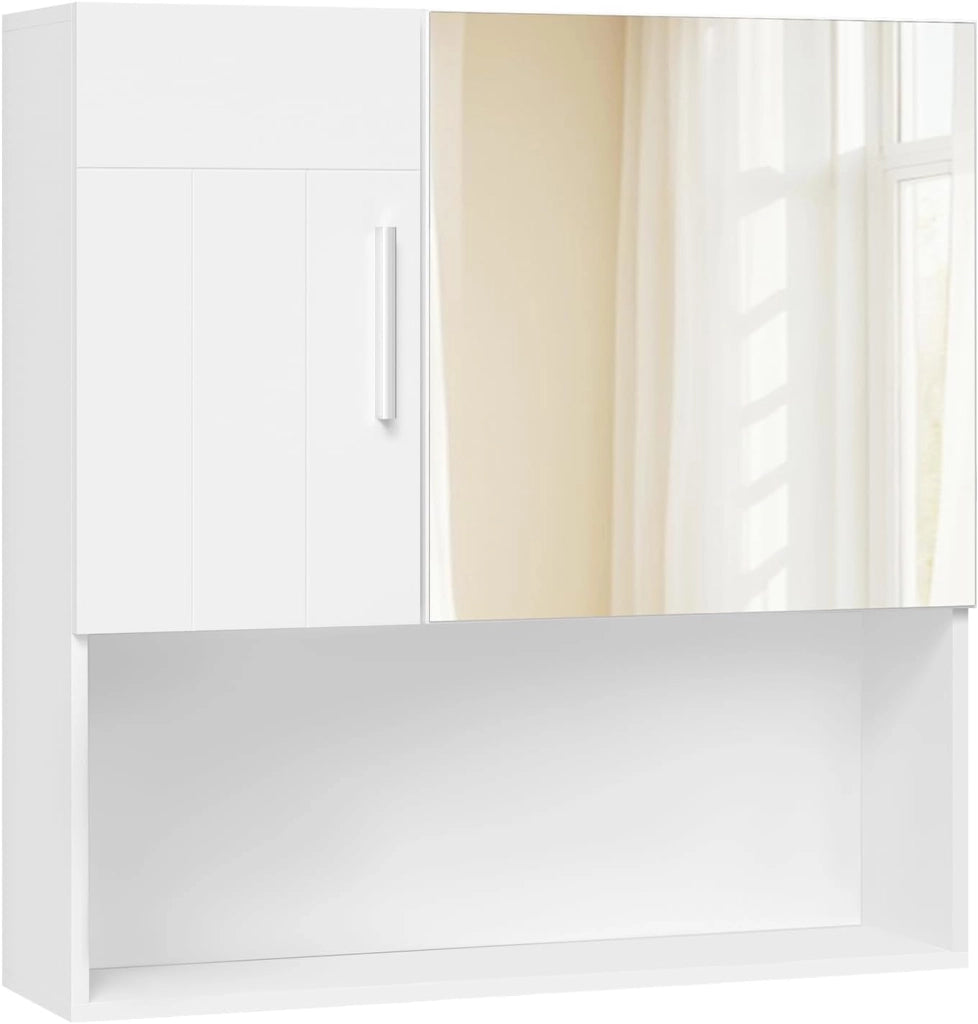 Armadietto da Bagno con Specchio e Anta, Mobiletto Sospeso con 5 Scomparti, Pensile da Cucina, Soggiorno, Camera da Letto, in MDF e Metallo, Bianco