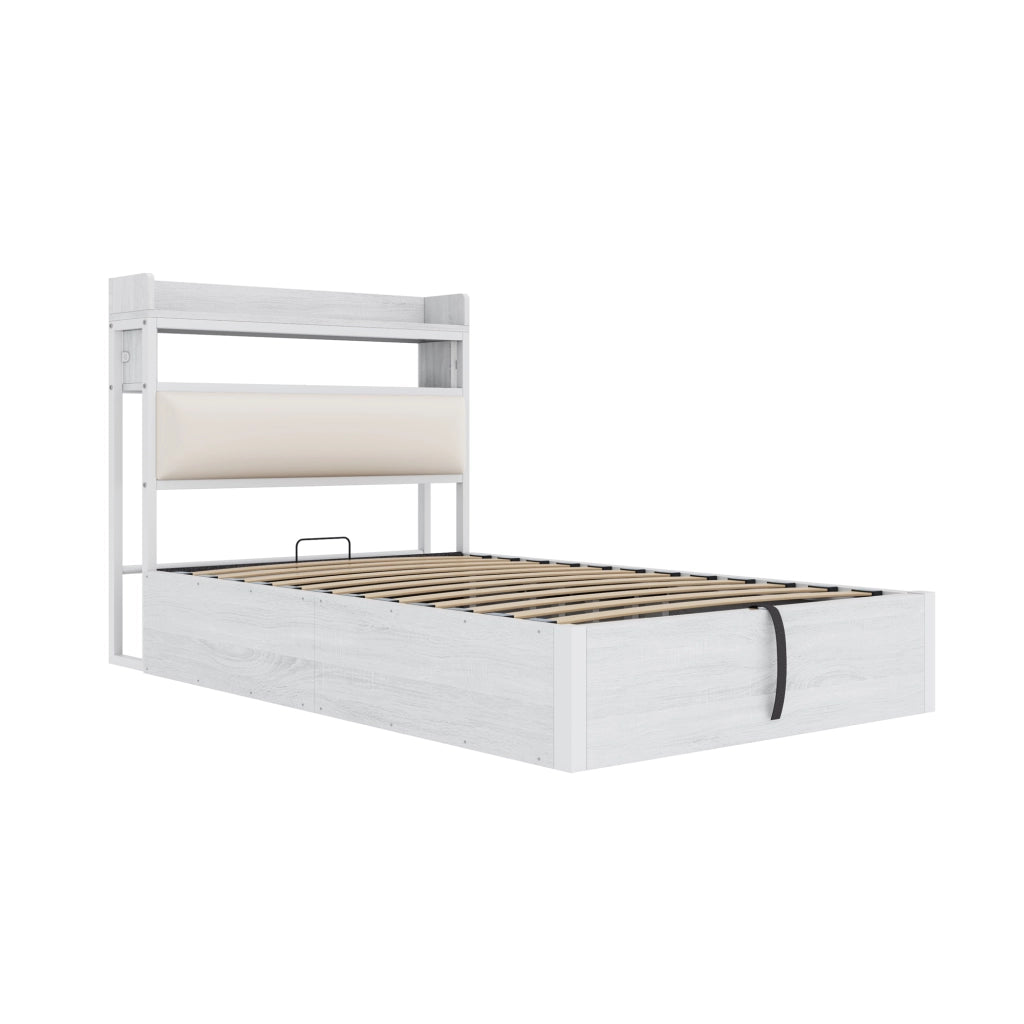 LETTO 90x200 cm con contenitore, USB, testiera imbottita, bianco