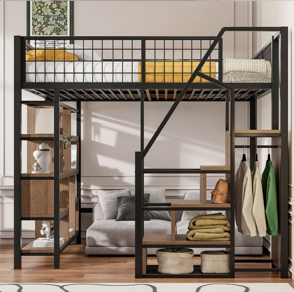 Letto a soppalco 140 x 200 cm con scala contenitore nero