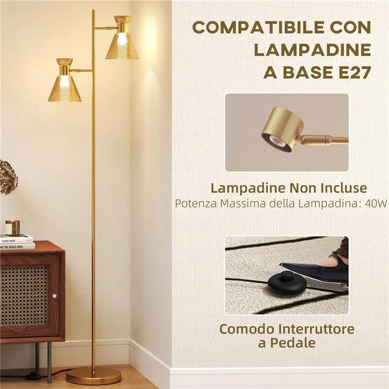 LAMPADA DA TERRA MODERNA CON 2 LUCI E TESTE REGOLABILI, INTERRUTTORE A PEDALE, ORO