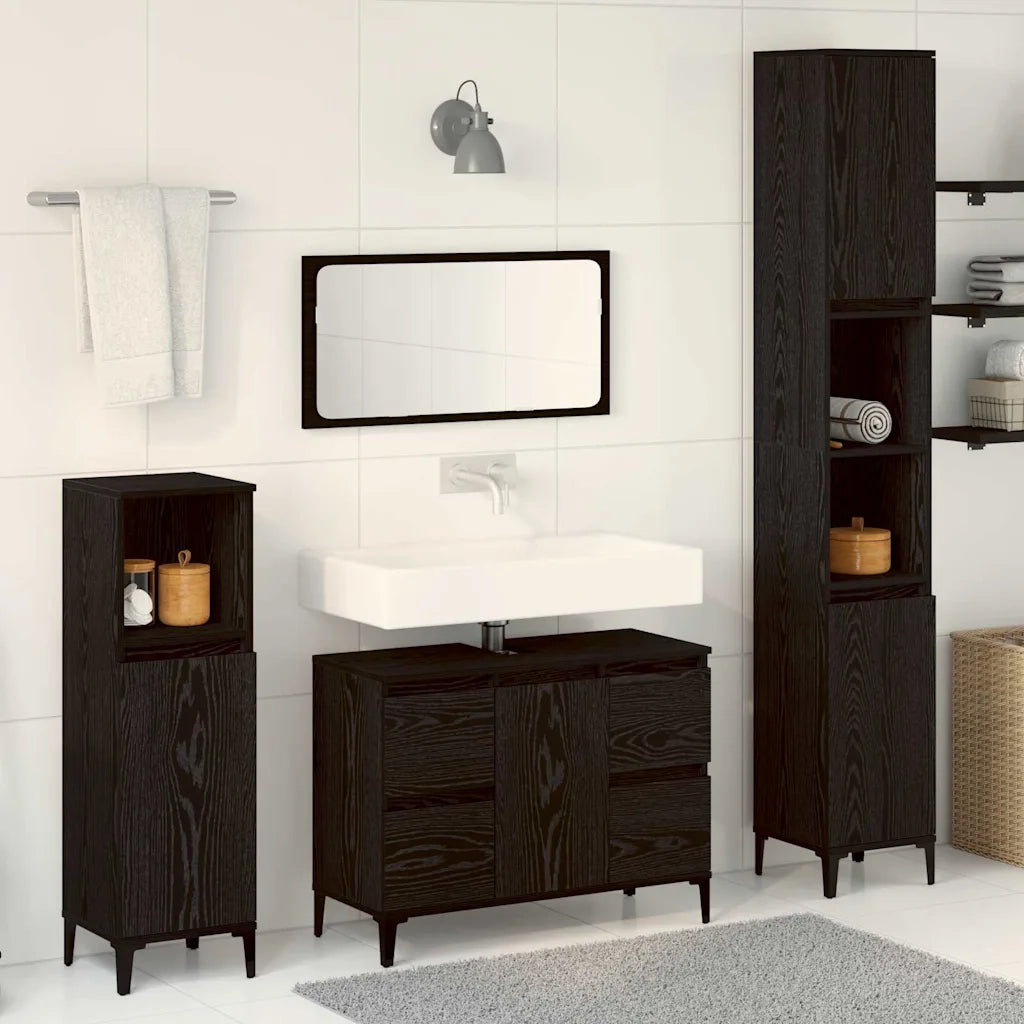 Set di mobili per il Bagno | Armadio da bagno Montaggio a parete 3 pz Rovere Nero