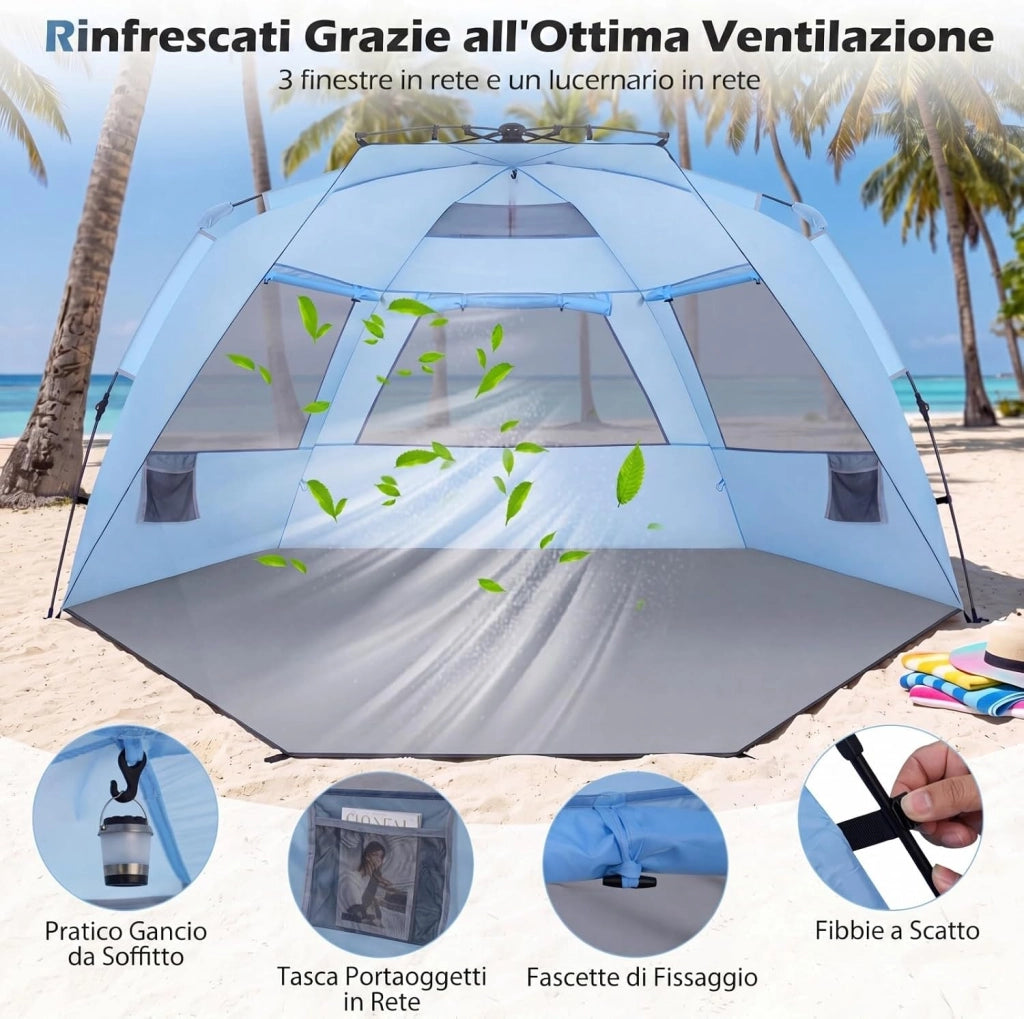 Tenda da Spiaggia Grande Adatta a 3-4 persone, Tenda da Campeggio Pop Up con 4 Finestre in Rete, Porta con Cerniera e Borsa da Trasporto, Protezione Solare, 278 x 139 x 160 cm