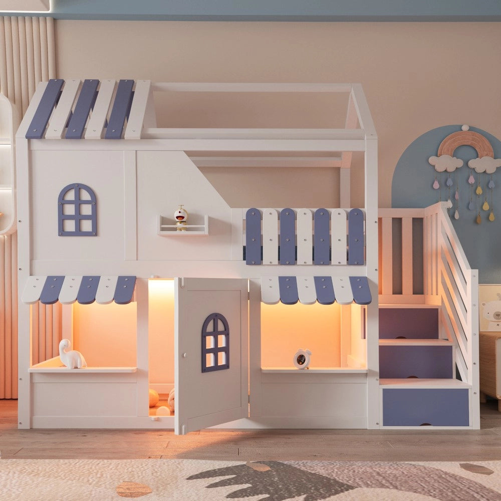 Letto a Castello Bambini Casetta con LED e Scaffale ¨C Xylo ¨C Bianco e Blu 90x200