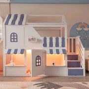Letto a Castello Bambini Casetta con LED e Scaffale ¨C Xylo ¨C Bianco e Blu 90x200