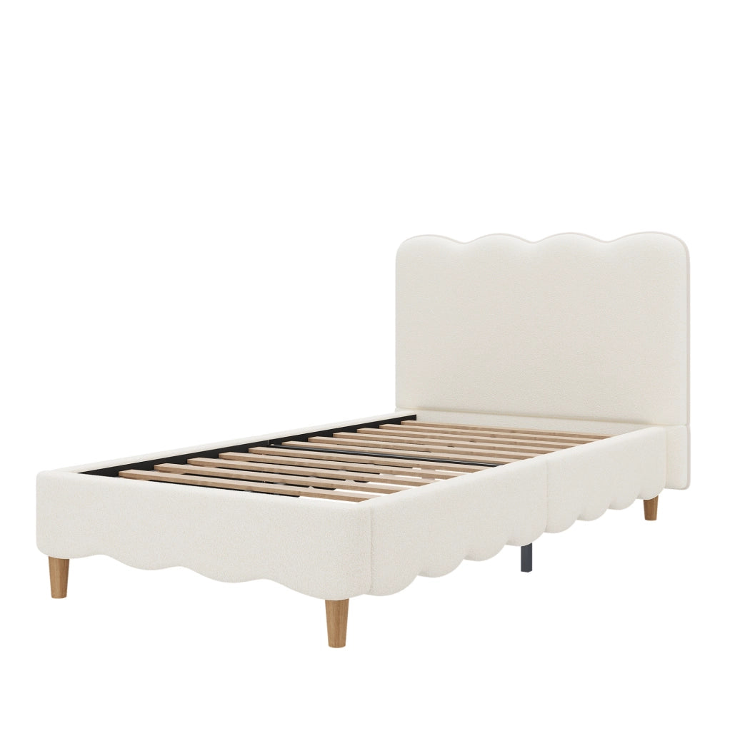 Letto singolo imbottito 90x200 cm con rete e testiera in bouclé bianco