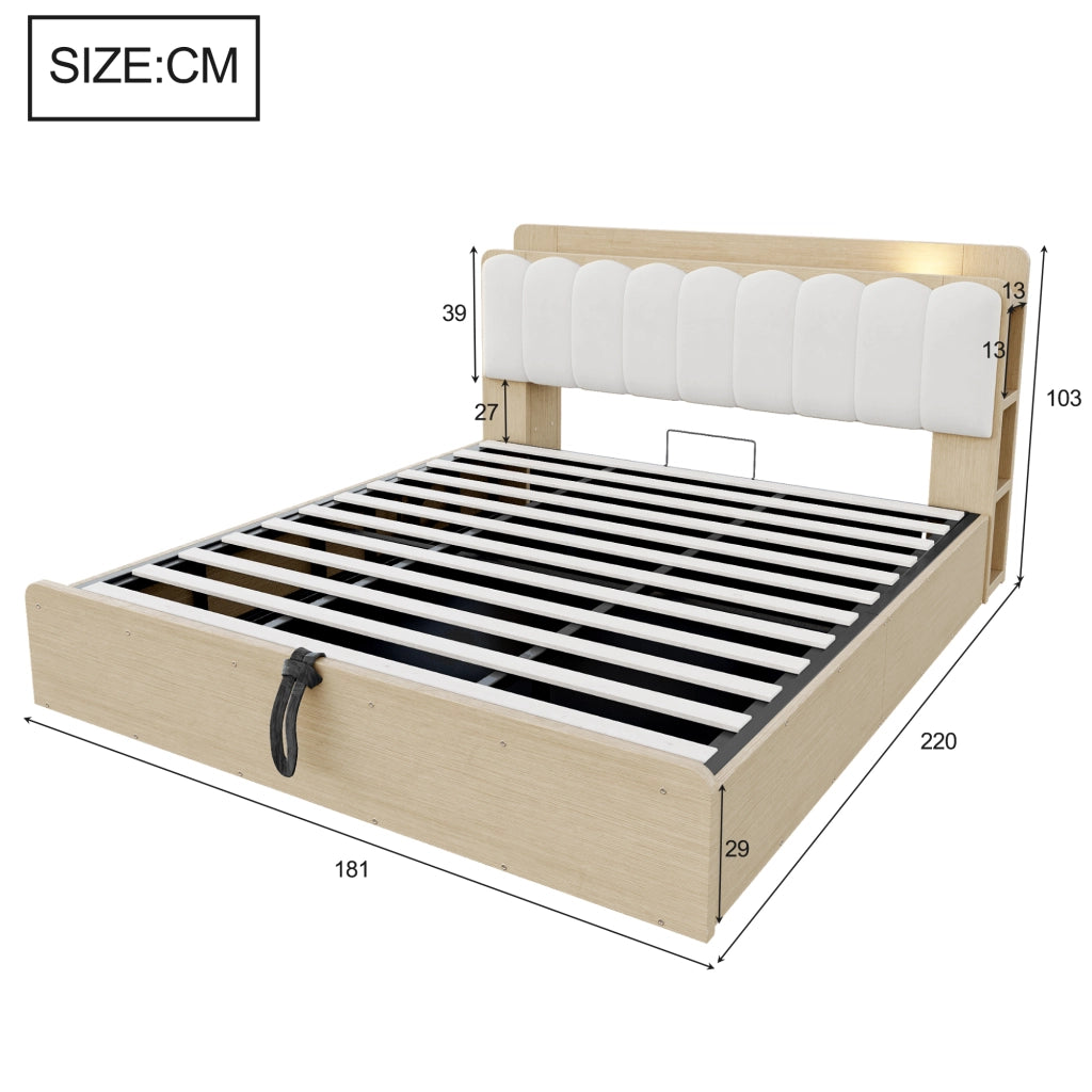 LETTO 180x200 cm in legno con contenitore idraulico, testiera imbottita, colore legno naturale