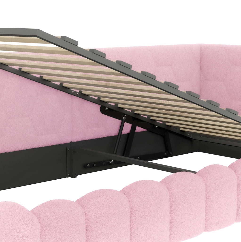 Letto da giorno 90x200 cm con rete a doghe; sollevamento idraulico; LED; USB e Tipo-C; rosa