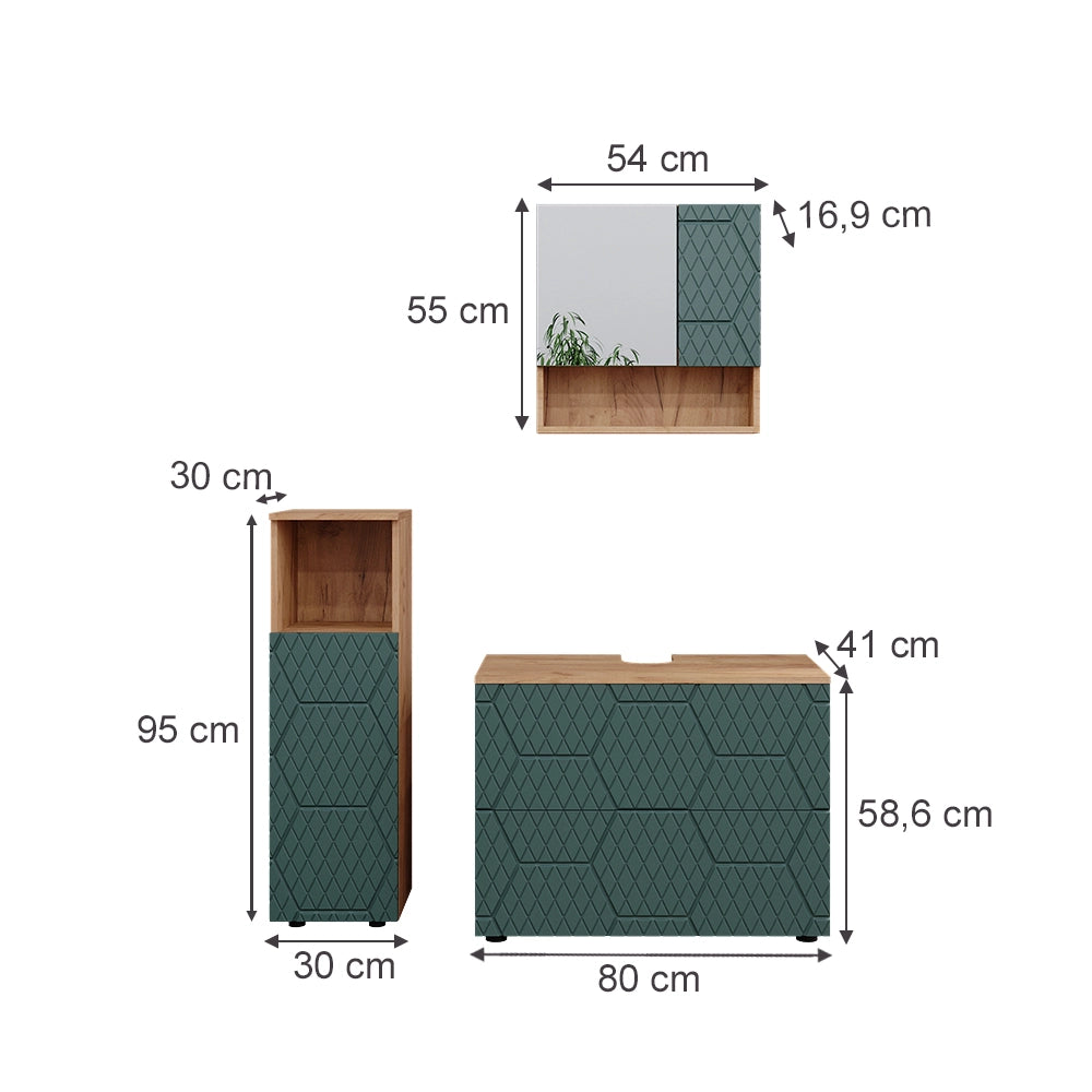 Vicco Set mobili bagno Quercia verde/oro 3 pezzi, con cabinet midi