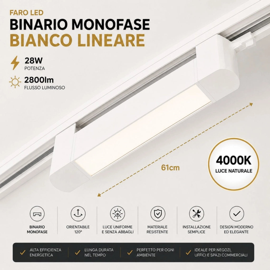 Faro Led Binario Monofase, Bianco Lineare 61cm 28W 2800lm 120° Orientabile, Disponibili 3000K 4000K (Bianco Neutro 4000K)