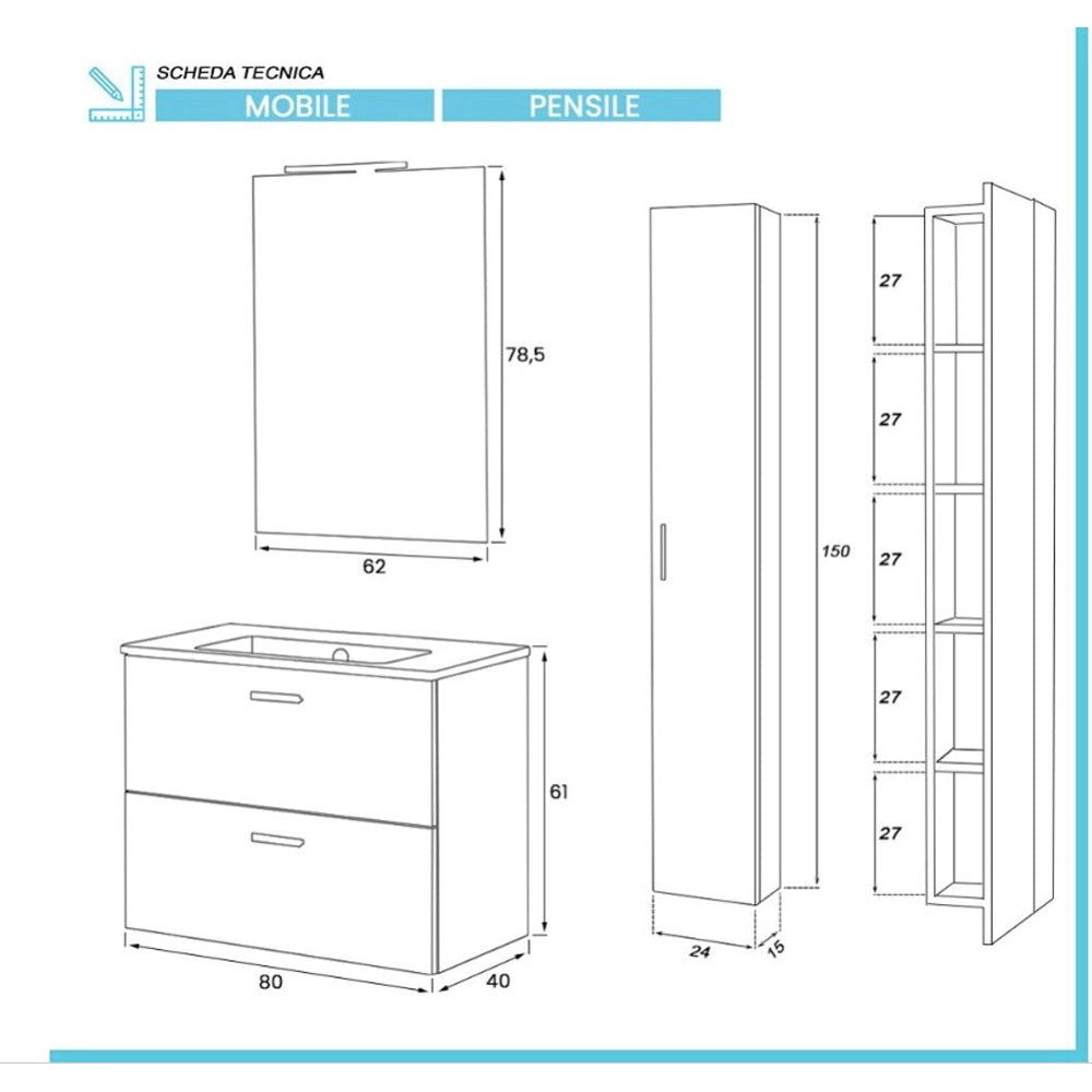 COMPOSIZIONE BAGNO SOSPESA MOBILE LAVABO 80cm 2 CASSETTI+SPECCHIO+COLONNA PENSILE ROVERE TROPEA FERIDRAS