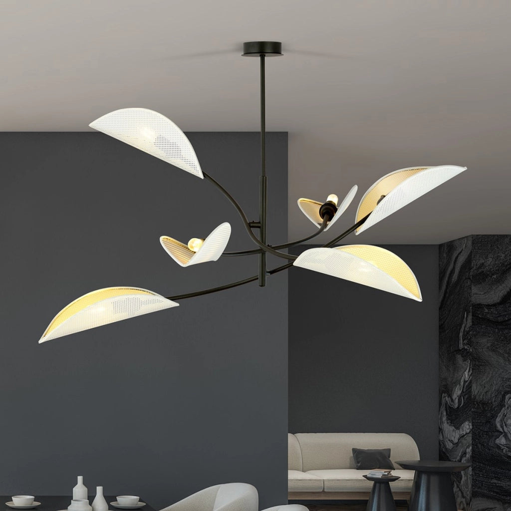 Lampada a sospensione Lotus in acciaio nero con paralumi a forma di foglia