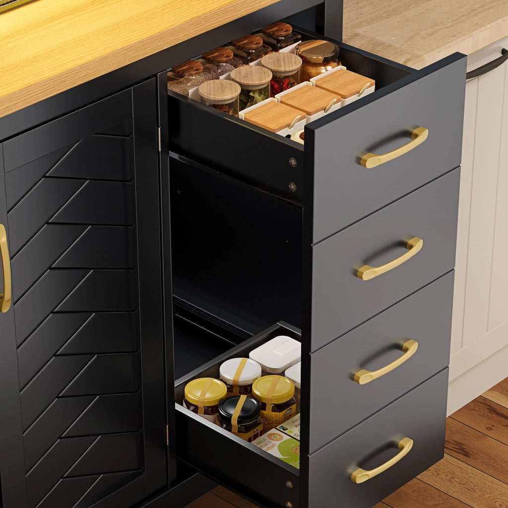 OKWISH Credenza da Cucina con Ante, Cassetti, Ripiani Interni e LED, Stile Retrò Moderno, in MDF, Nero, 105.5×40×180 cm