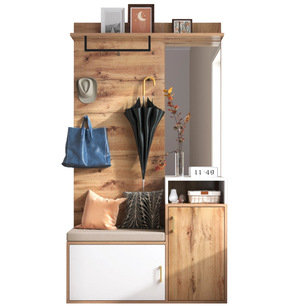 Set Ingresso con Specchio, Scarpiera, Appendiabiti, Panca e Ganci ¨C MINIMAL ¨C Bianco/Legno