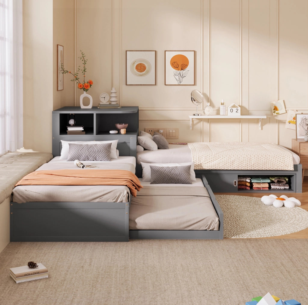 Letto singolo 90x200 con letto estraibile, LED e vani grigio