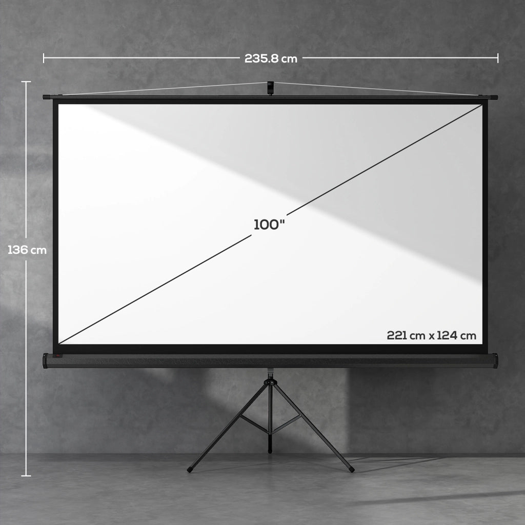 Telo per Proiettore Pieghevole da 100" con Treppiede Regolabile 235,8x8x136 cm in Plastica e Metallo Nero