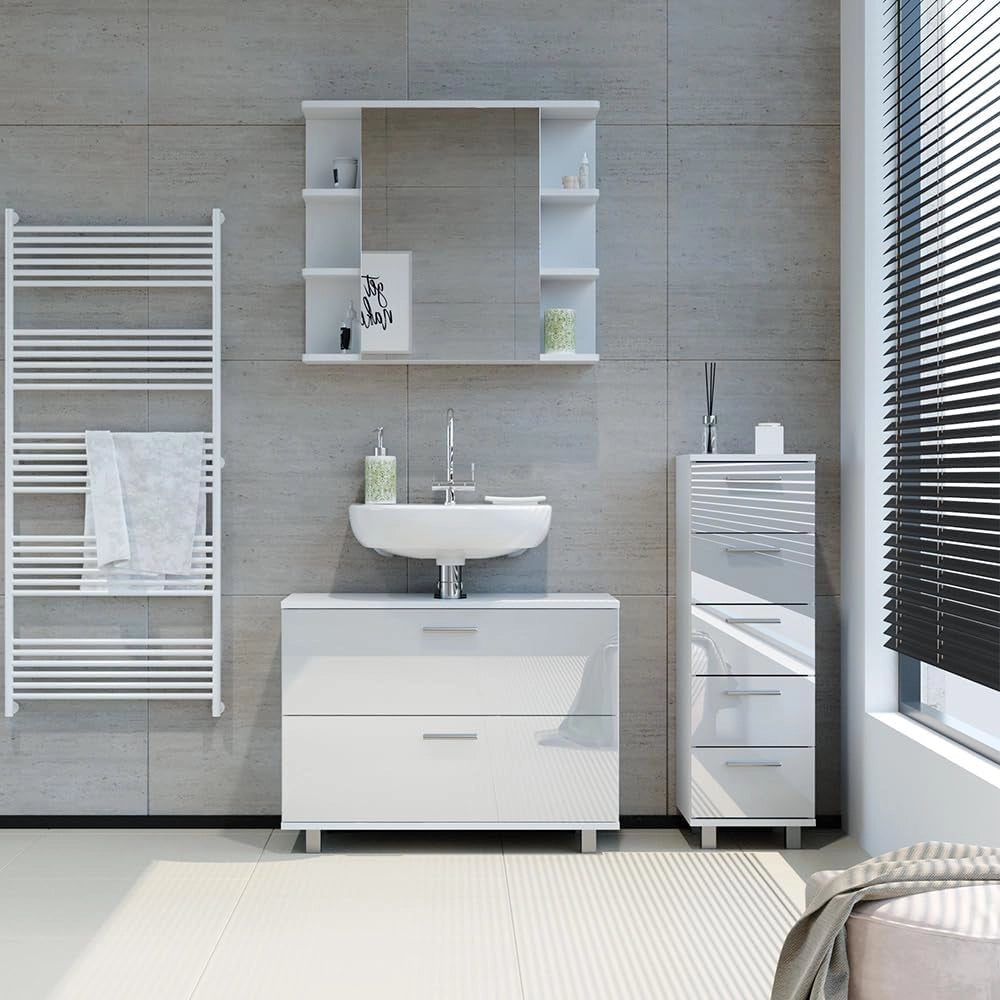 Set di mobili da bagno Ilias, Bianco lucido, 80 cm, composto da mobile sottolavabo, specchiera e mobile medio