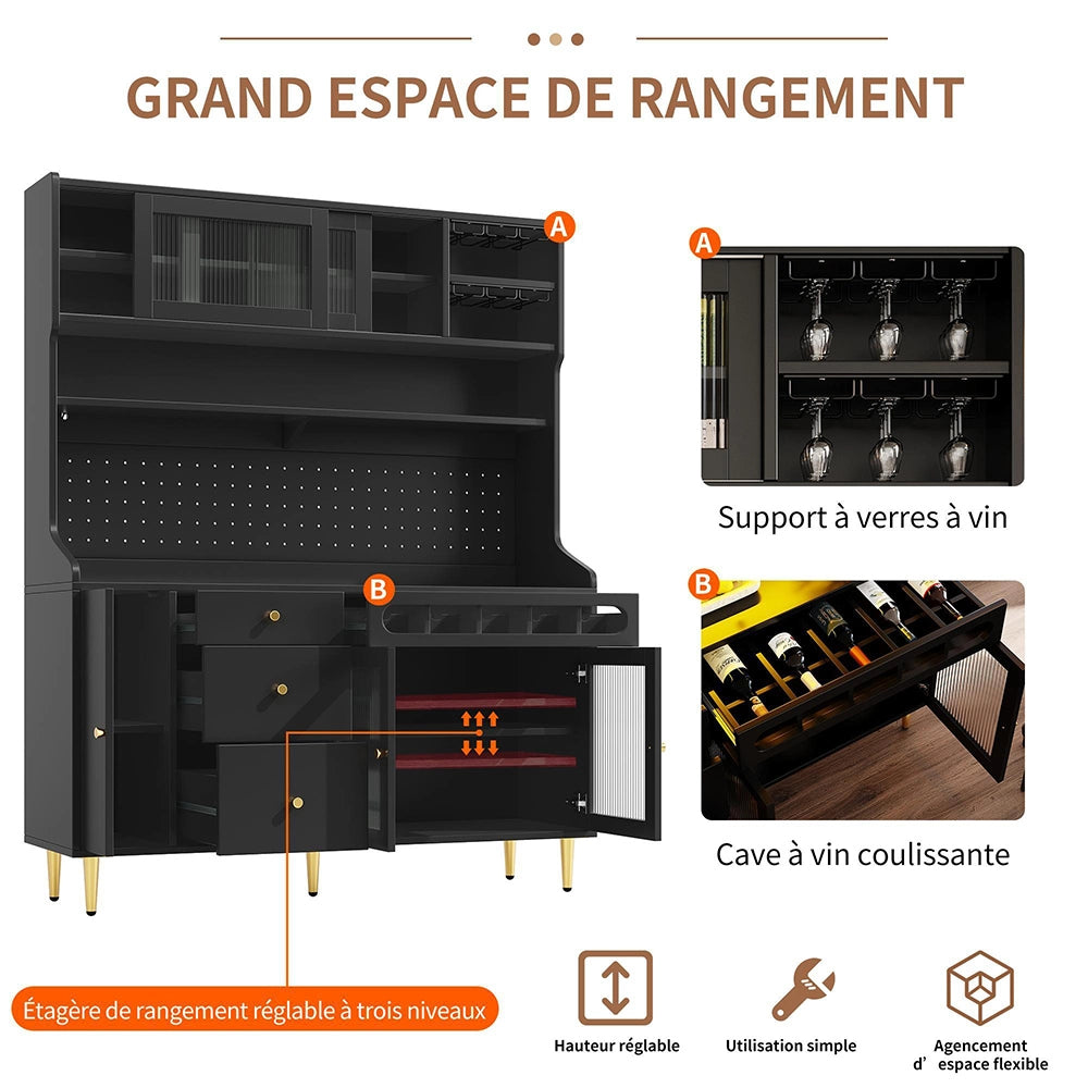 Armadio alto per soggiorno - Xylo - 145¡Á39¡Á171 cm - Nero - Ripiani regolabili, illuminazione LED, cassetto porta bottiglie
