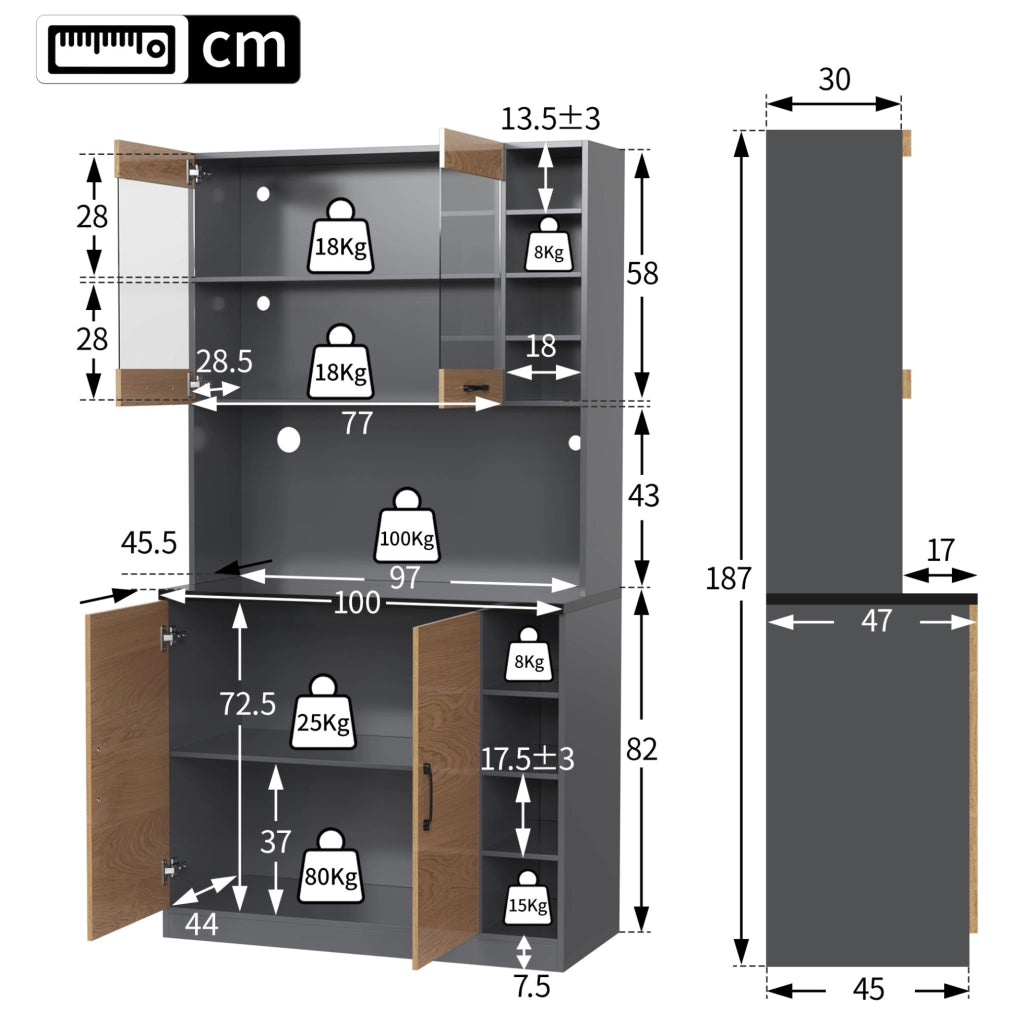Credenza cucina 100x47x187 cm con LED e ripiani regolabili in MDF e vetro naturale e grigio