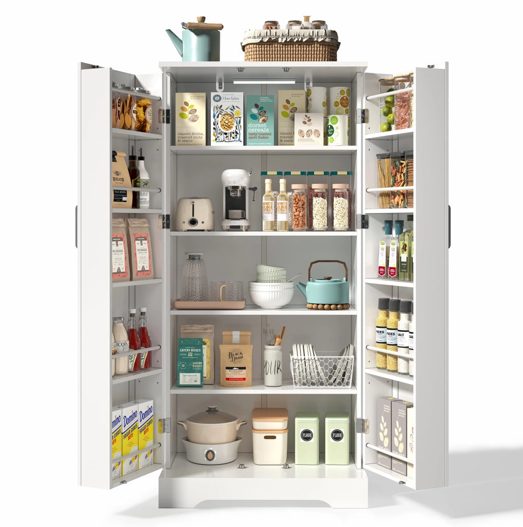 Mobile da cucina multifunzione bianco 60×35×128 cm con ripiani regolabili e luce LED sensore