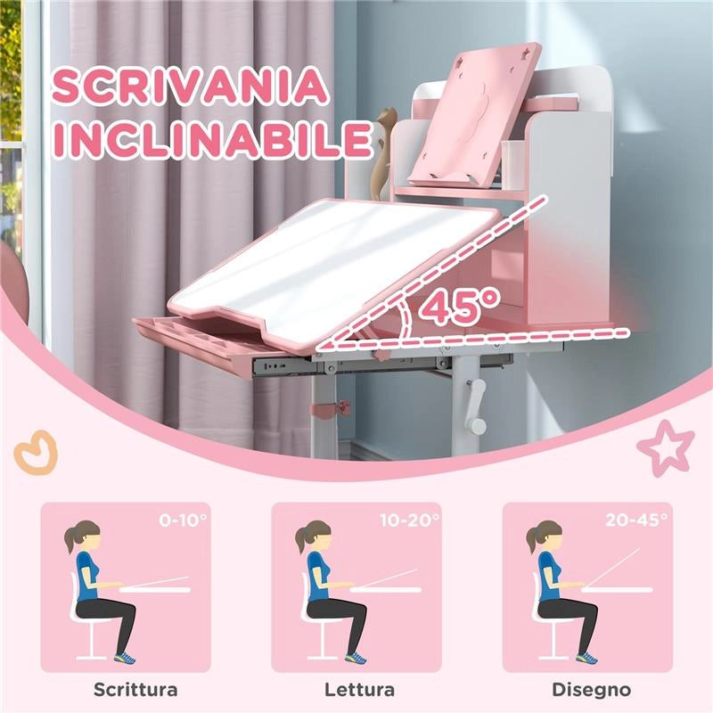 SET SCRIVANIA E SEDIA PER BAMBINI REGOLABILI BANCO SCUOLA CON PIANO INCLINABILE CASSETTO SCAFFALE ROSA