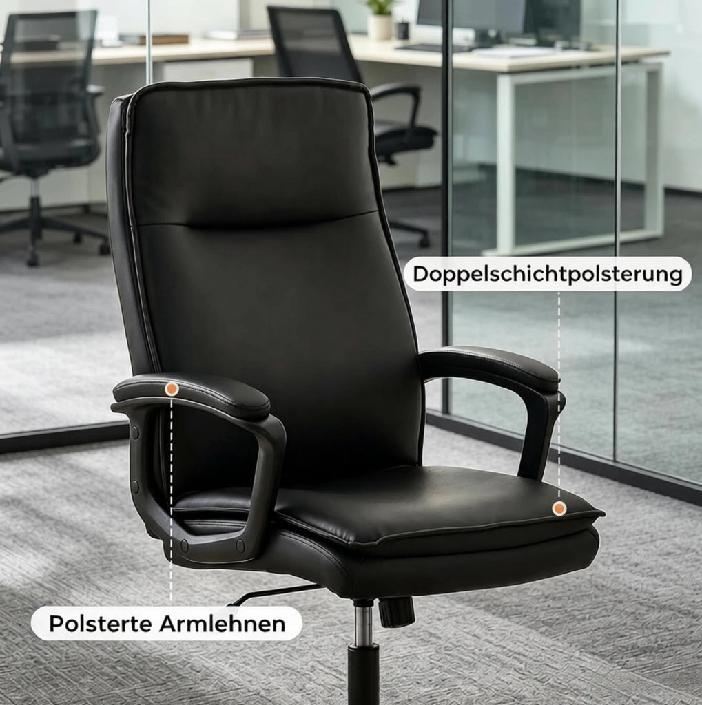 Sedia da ufficio ergonomica nera in PU con supporto regolabile e schienale curvo