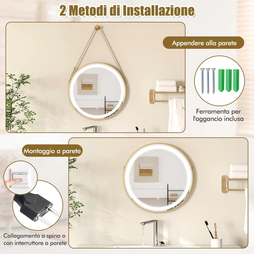 Specchio da Parete 60 x 60cm, Specchio da Bagno Rotondo Moderno con Interruttore Touch, Funzione Antiappannamento, Luce Led Regolabile e Gancio per Soggirno Camera da Letto e Ingresso, IP44