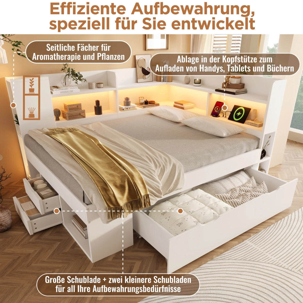 DESMIU Letto singolo 140 × 200 cm con USB, Type-C, LED, ripiani e cassetti, senza materasso, in legno, bianco