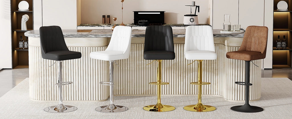 Sgabello da Bar Regolabile Girevole 360¡ã ¨C MINIMAL ¨C Set 2 Pezzi, Ecopelle Bianca, Gambe in Metallo Oro