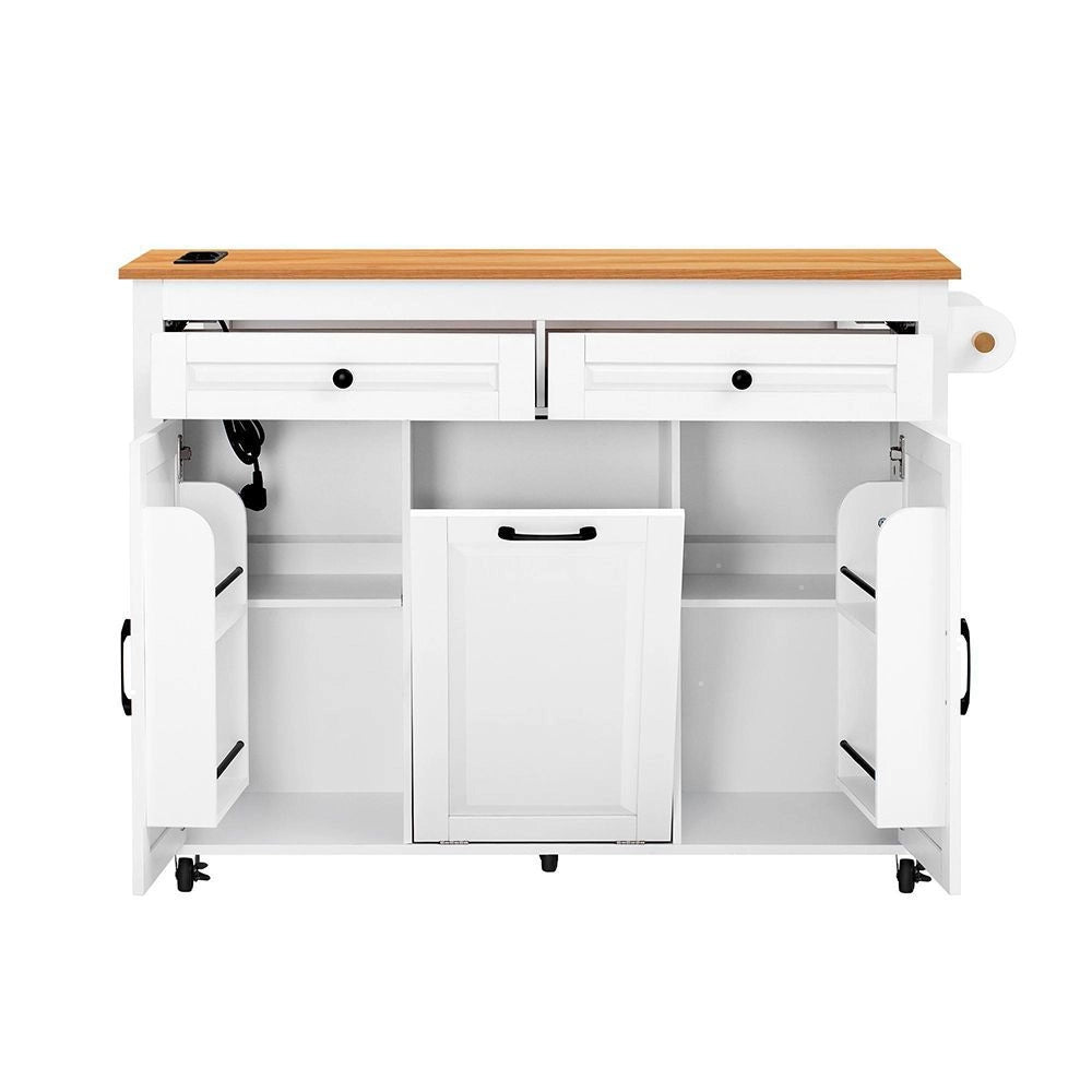Isola cucina mobile - Xylo - Estendibile con piano lavoro, vano rifiuti e multipresa, ideale per cucina e sala da pranzo (Bianco)
