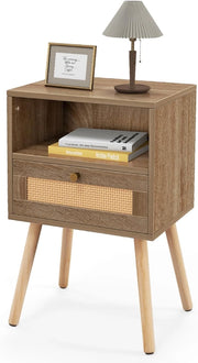 Comodino, comodino con cassetto in rattan e ripiano aperto, tavolino con gambe in legno massello, comodino in stile boho, per camera da letto, soggiorno, 40 x 30 x 60,5 cm
