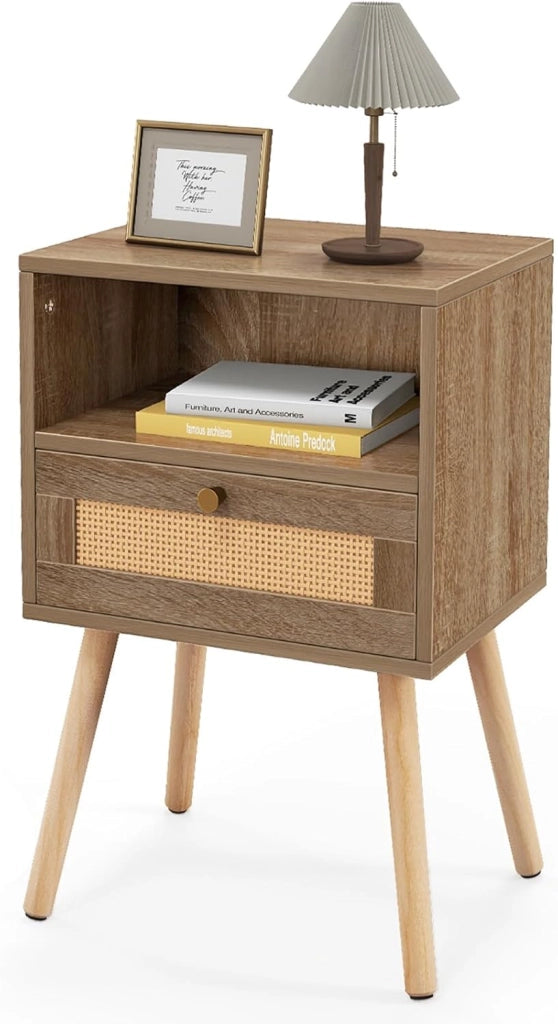 Comodino, comodino con cassetto in rattan e ripiano aperto, tavolino con gambe in legno massello, comodino in stile boho, per camera da letto, soggiorno, 40 x 30 x 60,5 cm
