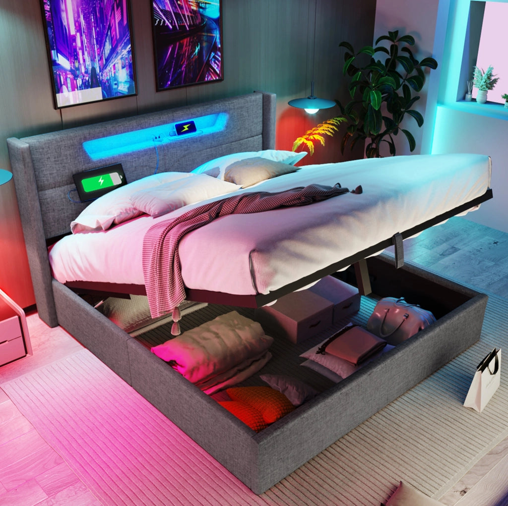 Letto matrimoniale 140x200 cm con contenitore; LED; USB e Type-C; in lino grigio