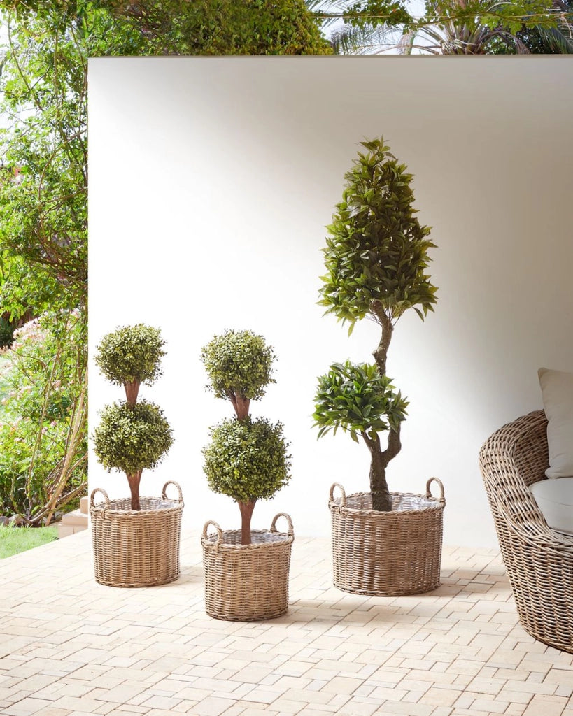 Set di 3 cesti per piante in PE Rattan marrone con manici Intarsio sintetico