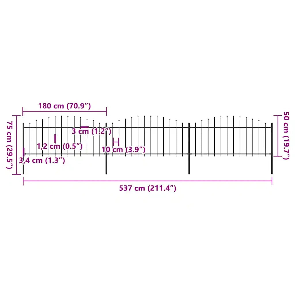 Recinzione da giardino con punta a lancia in acciaio 537x75 cm nera 277705