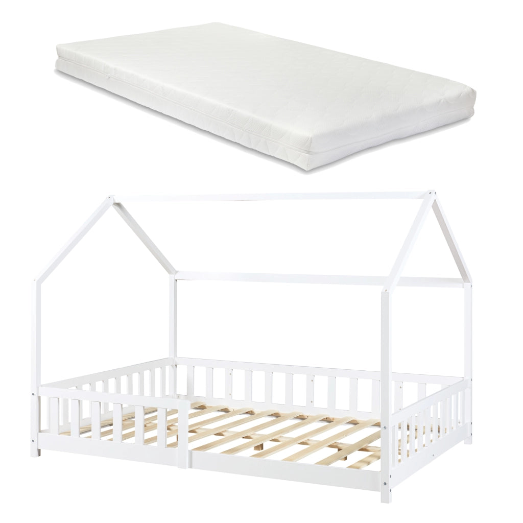Letto Piazza e Mezza Hesel per Cameretta Forma di Casetta con Materasso 120 x 200 cm Bianco [en.casa]