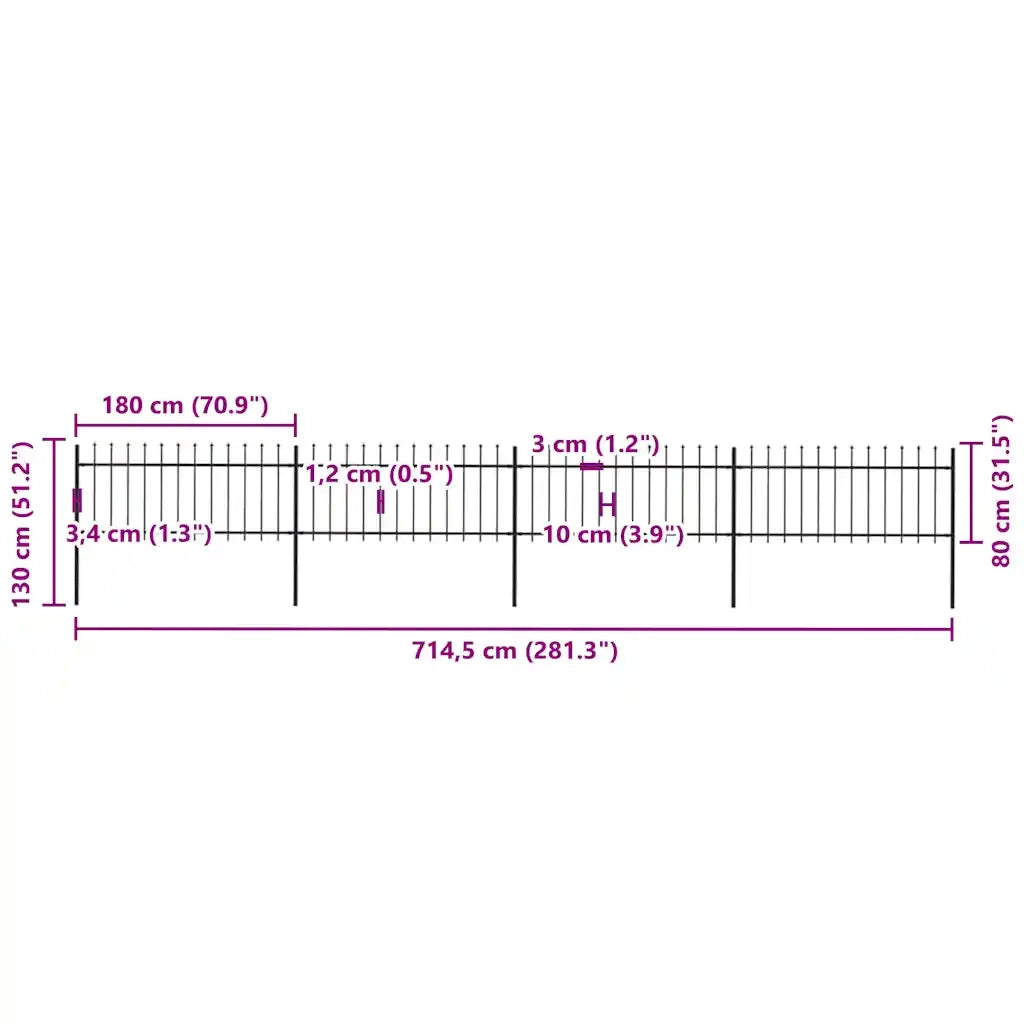 Recinzione da Giardino con Punta a Lancia in Acciaio 714,5x80 cm Nero 277605