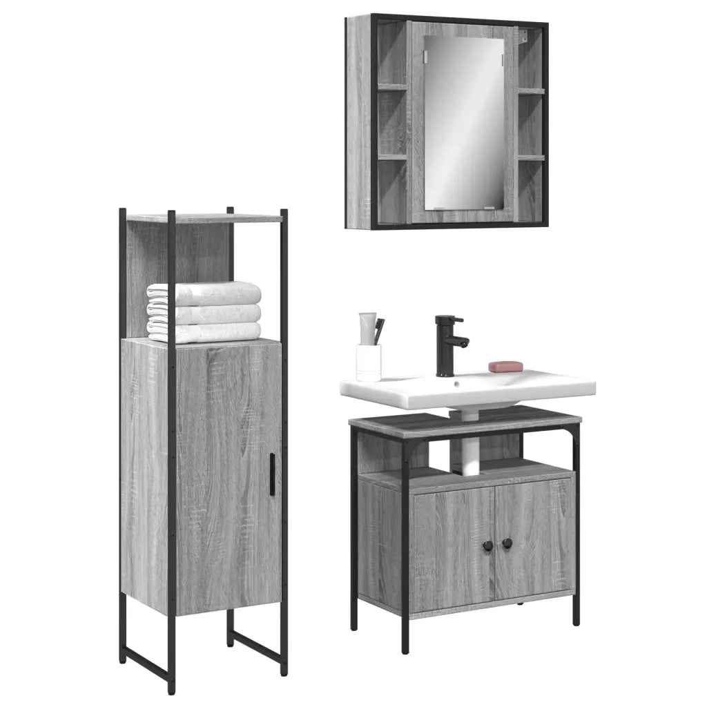 Set Mobili da Bagno | Armadio da bagno 3 pz Grigio Sonoma in Legno Multistrato