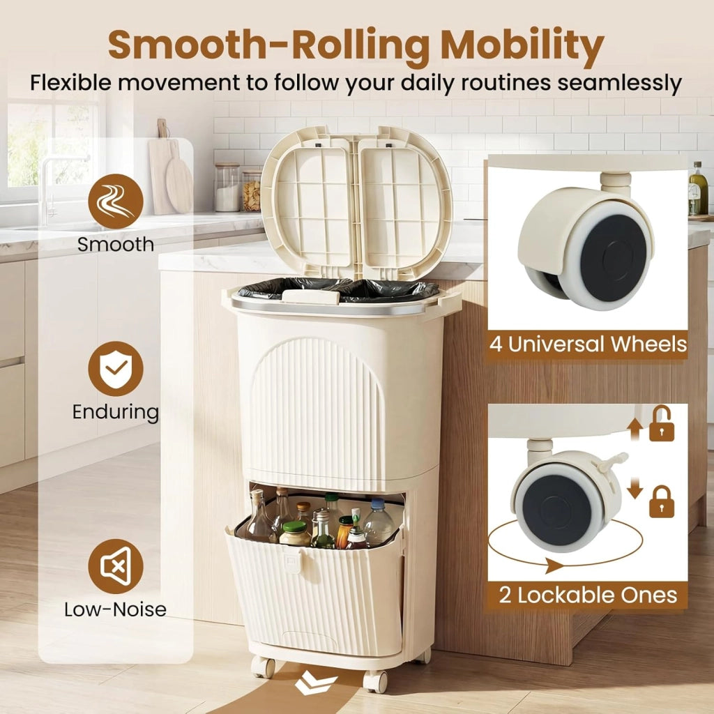 Bidone per Spazzatura Interno 38 L, Pattumiera da Cucina Differenziata a 3 Scomparti con Ruote e Maniglie, Secchio dei Rifiuti in PP on Coperchi a Pressione e Pedale (Beige)