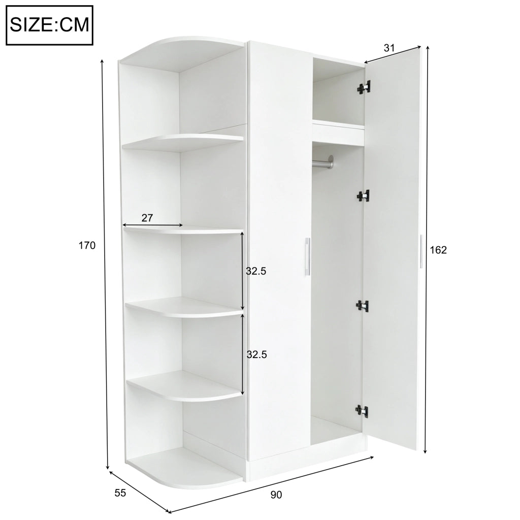 Armadio con 2 ante, ripiani e cassetti per camera da letto o ufficio, in MDF e metallo, bianco, 90×55×170 cm