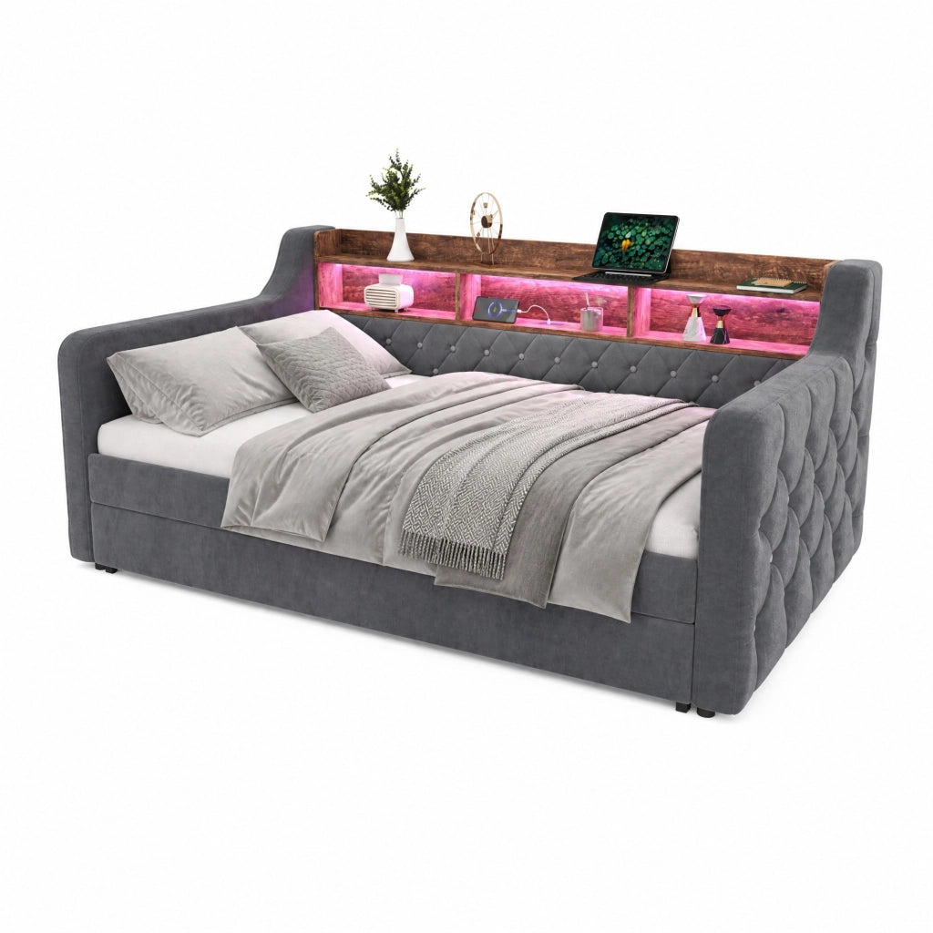 Divano letto 90x190 cm in velluto grigio scuro con LED e USB-C